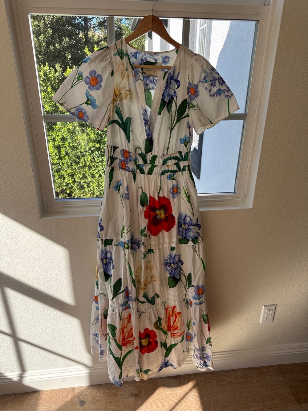 Anthropologie White Maxi Dress with Red & Blue Floral Print